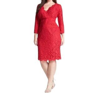 Tadashi Shoji Size 10 Red Lace V Neck 3/4 Sleeve Sheath Midi Dress Retail $350